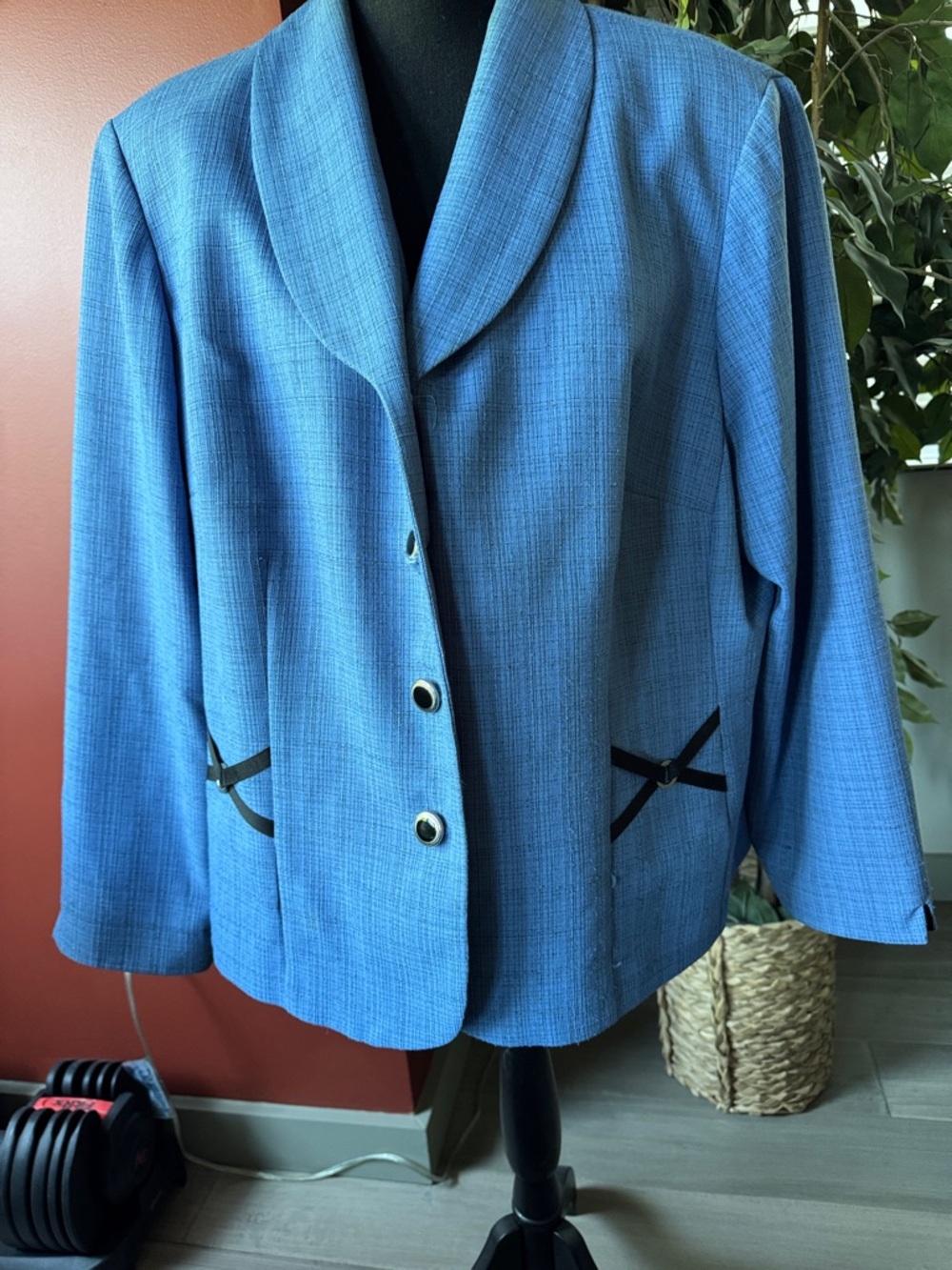 Perceptions Blue Shawl Collar Blazer with Black Trim
